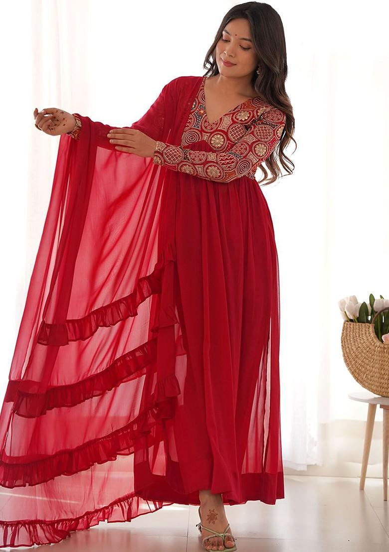Red Embroidered Poly Blend Salwar Kameez With Dupatta