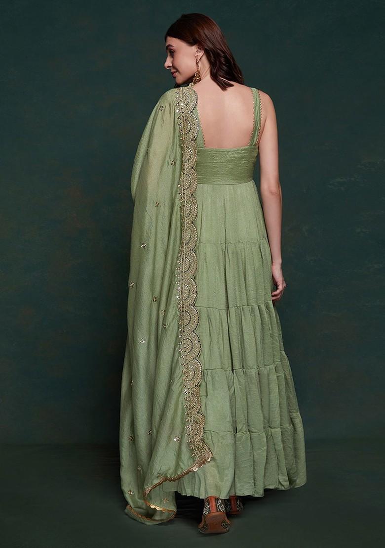 Green Embroidered Poly Blend Anarkali Set With Dupatta