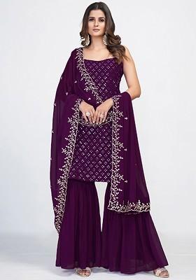 Burgundy Embroidered Poly Blend Sharara Set With Dupatta