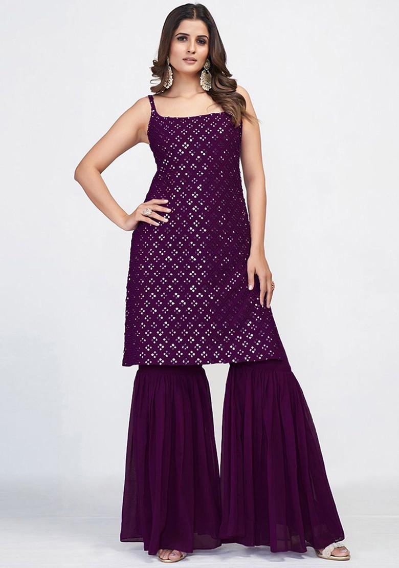 Burgundy Embroidered Poly Blend Sharara Set With Dupatta