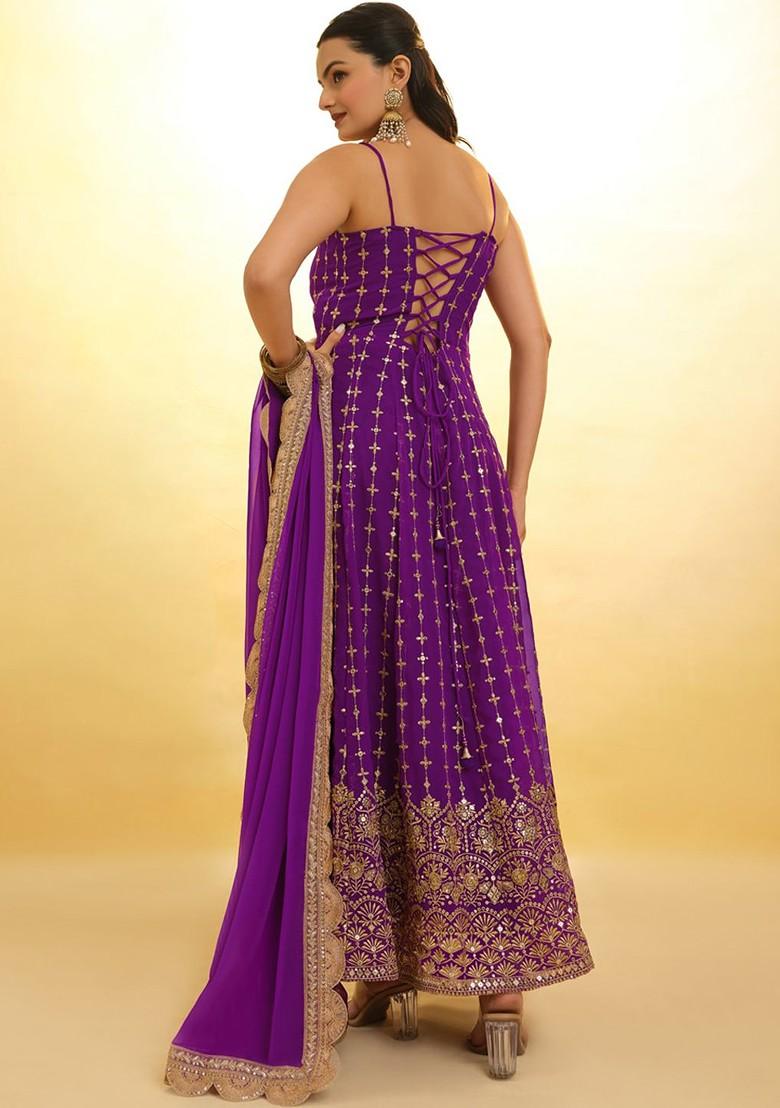 Purple Embroidered Poly Blend Anarkali Set With Dupatta