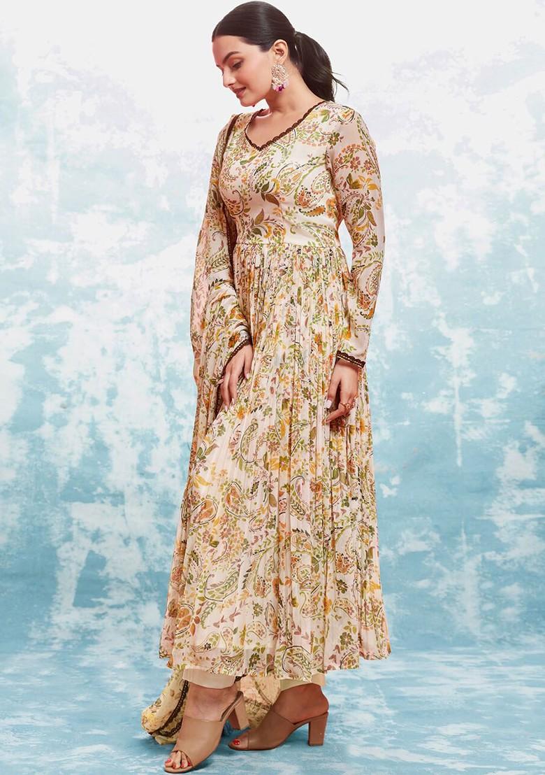 Brown Printed Poly Blend Anarkali Set With Dupatta