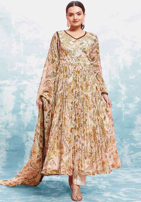 Brown Printed Poly Blend Anarkali With Dupatta With Dupatta