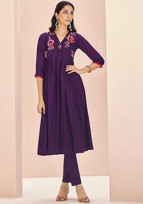 Purple Embroidered Poly Blend Anarkali Set 