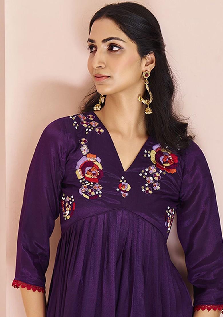 Purple Embroidered Poly Blend Anarkali Set 