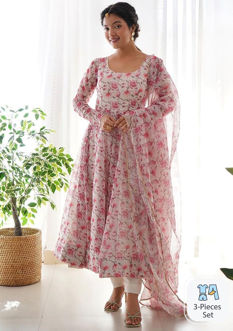 White Printed Poly Blend Anarkali Set With Dupatta