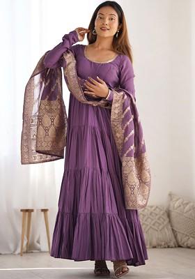 Mauve Embroidered Poly Blend Anarkali Set With Dupatta