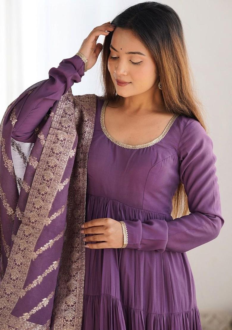 Mauve Embroidered Poly Blend Anarkali Set With Dupatta