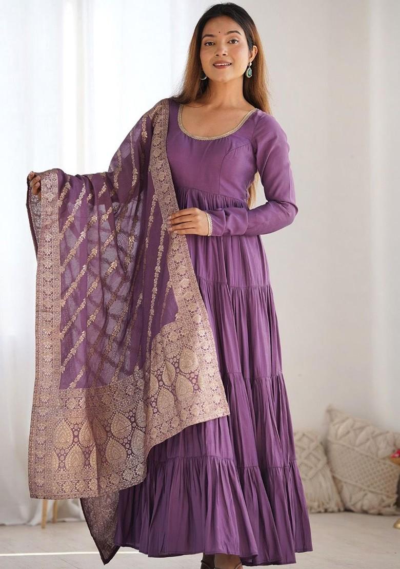 Mauve Embroidered Poly Blend Anarkali Set With Dupatta