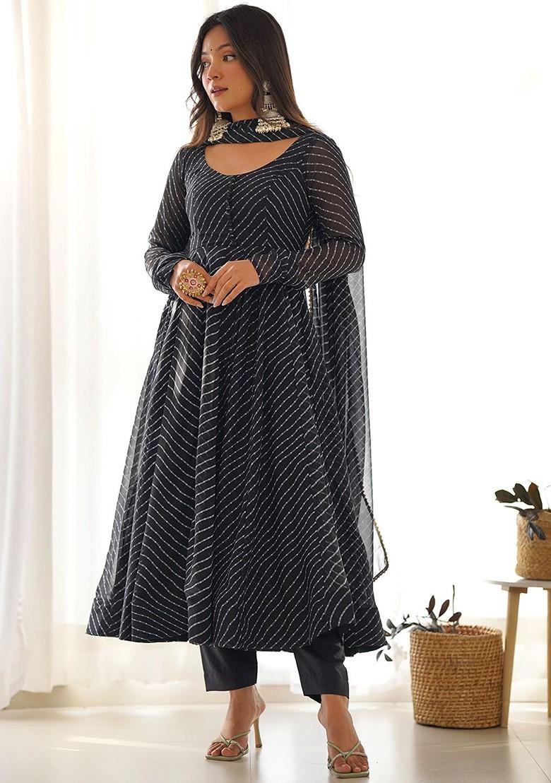 Black Printed Poly Blend Anarkali Set With Dupatta