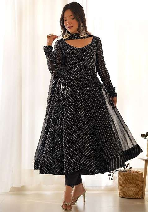 Black Printed Poly Blend Anarkali With Dupatta With Dupatta