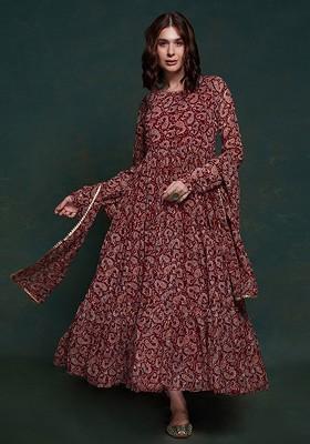 Maroon Printed Poly Blend Anarkali Set With Dupatta