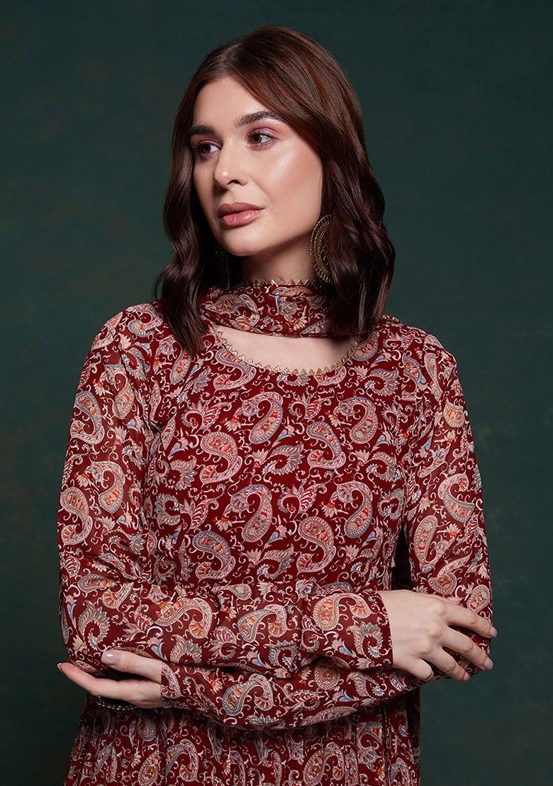 Maroon Printed Poly Blend Anarkali Set With Dupatta