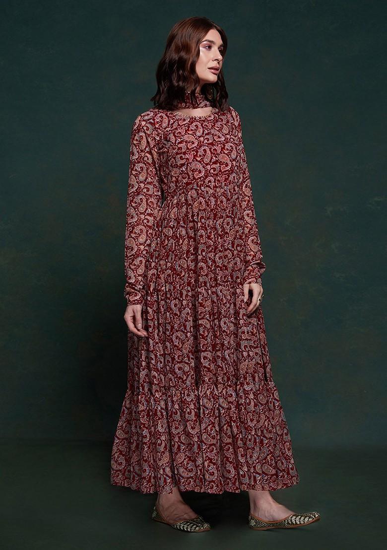 Maroon Printed Poly Blend Anarkali Set With Dupatta