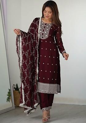 Burgundy Embroidered Poly Blend Salwar Kameez With Dupatta