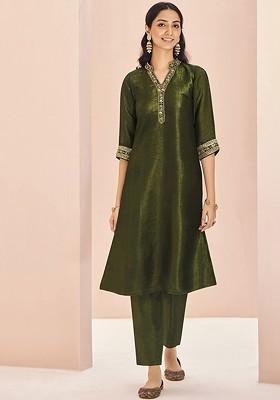 Olive Green Embroidered Poly Blend Salwar Kameez