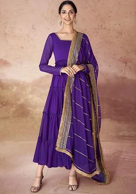 Violet Embroidered Poly Blend Anarkali Set With Dupatta