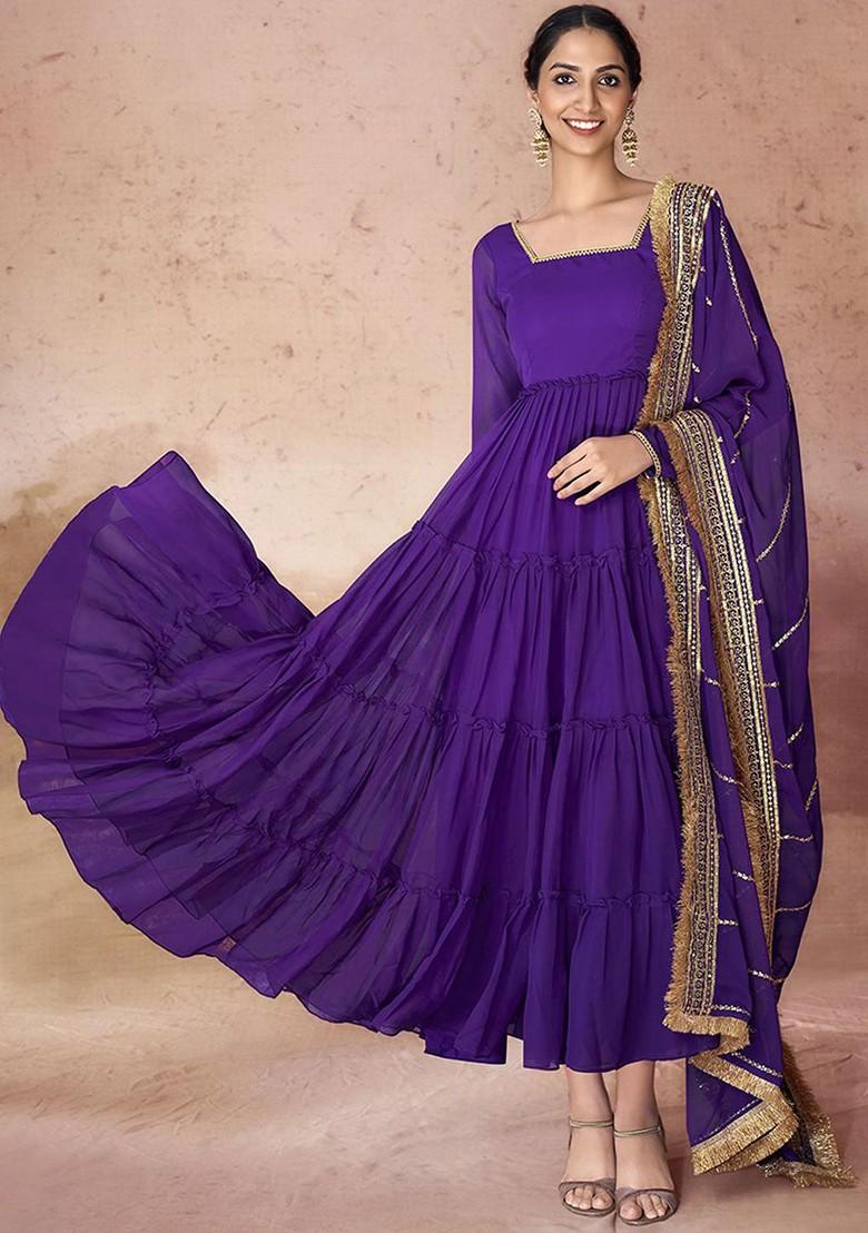 Violet Embroidered Poly Blend Anarkali Set With Dupatta