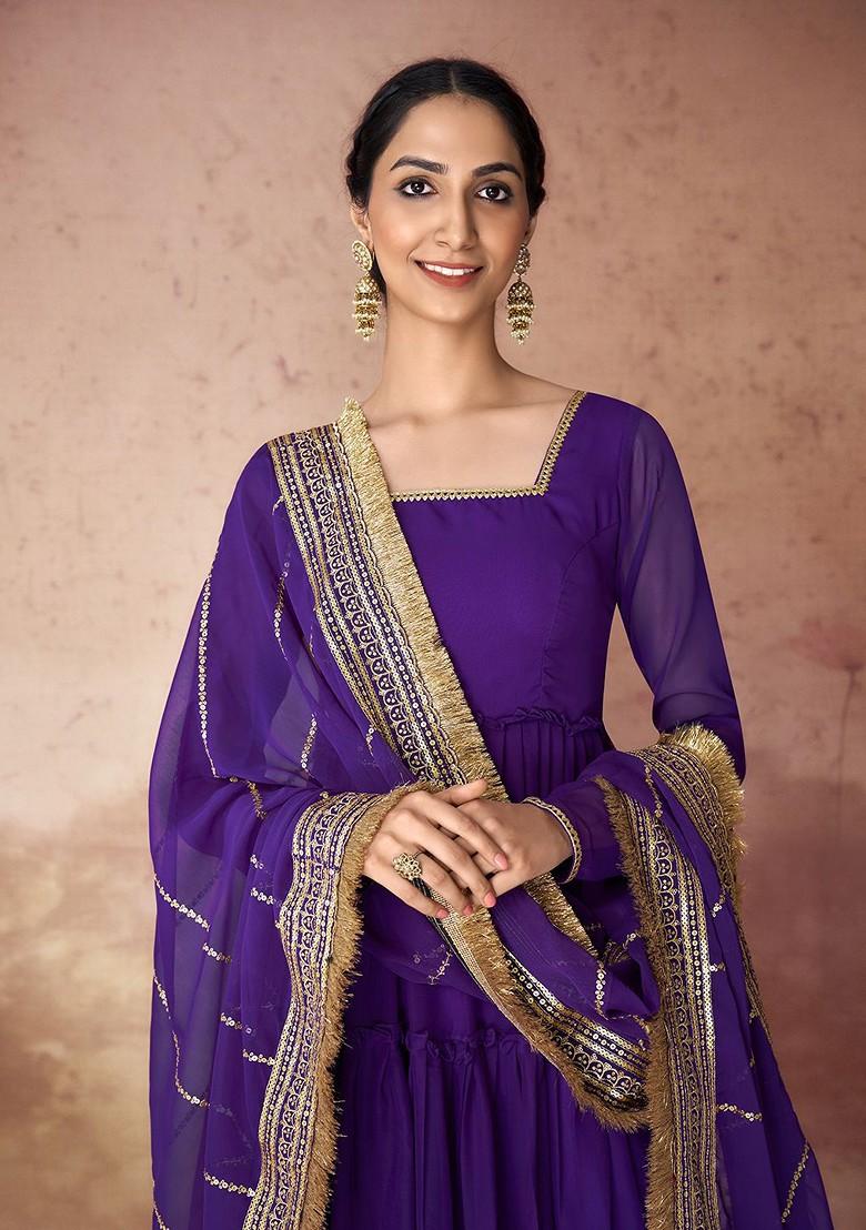 Violet Embroidered Poly Blend Anarkali Set With Dupatta