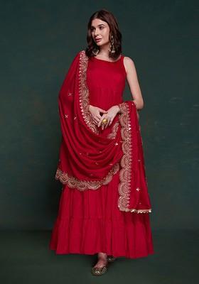 Red Embroidered Poly Blend Anarkali Set With Dupatta