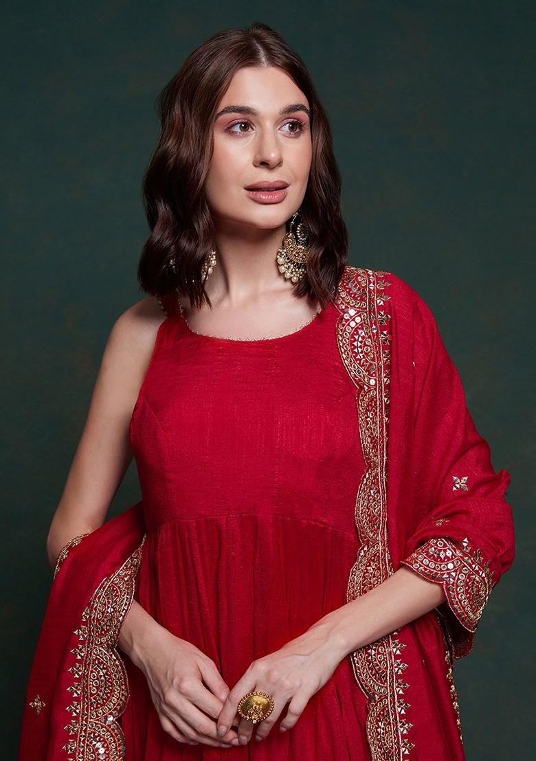 Red Embroidered Poly Blend Anarkali Set With Dupatta