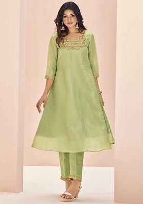 Green Embroidered Poly Blend Salwar Kameez