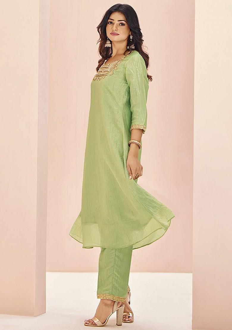Green Embroidered Poly Blend Salwar Kameez