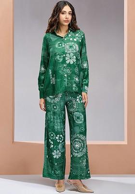 Green Printed Poly Blend Co Ord Set