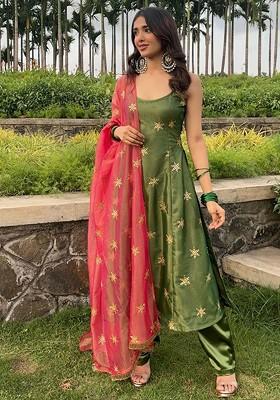 Green Embroidered Poly Blend Salwar Kameez With Dupatta