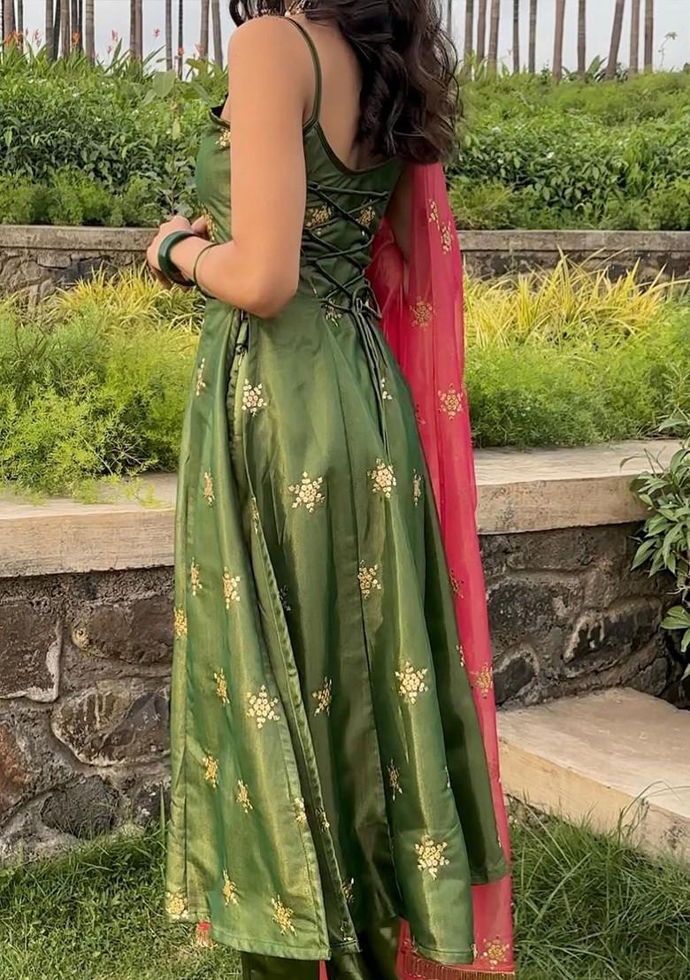 Green Embroidered Poly Blend Salwar Kameez With Dupatta