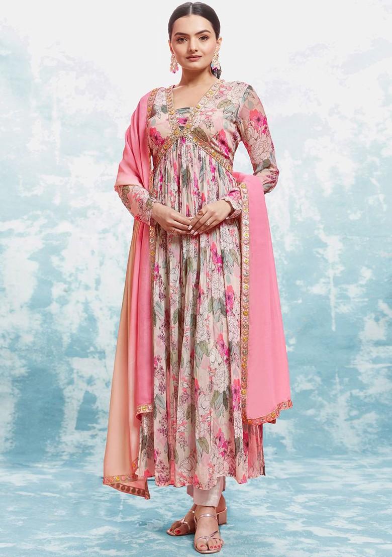 Pink Printed Poly Blend Salwar Kameez With Dupatta