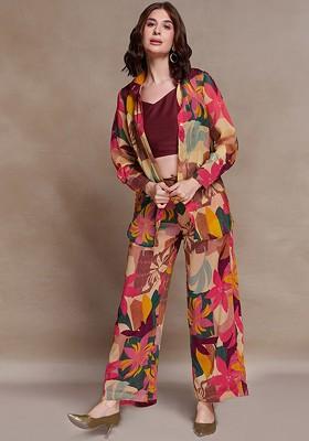 Maroon Printed Poly Blend Co Ord Set