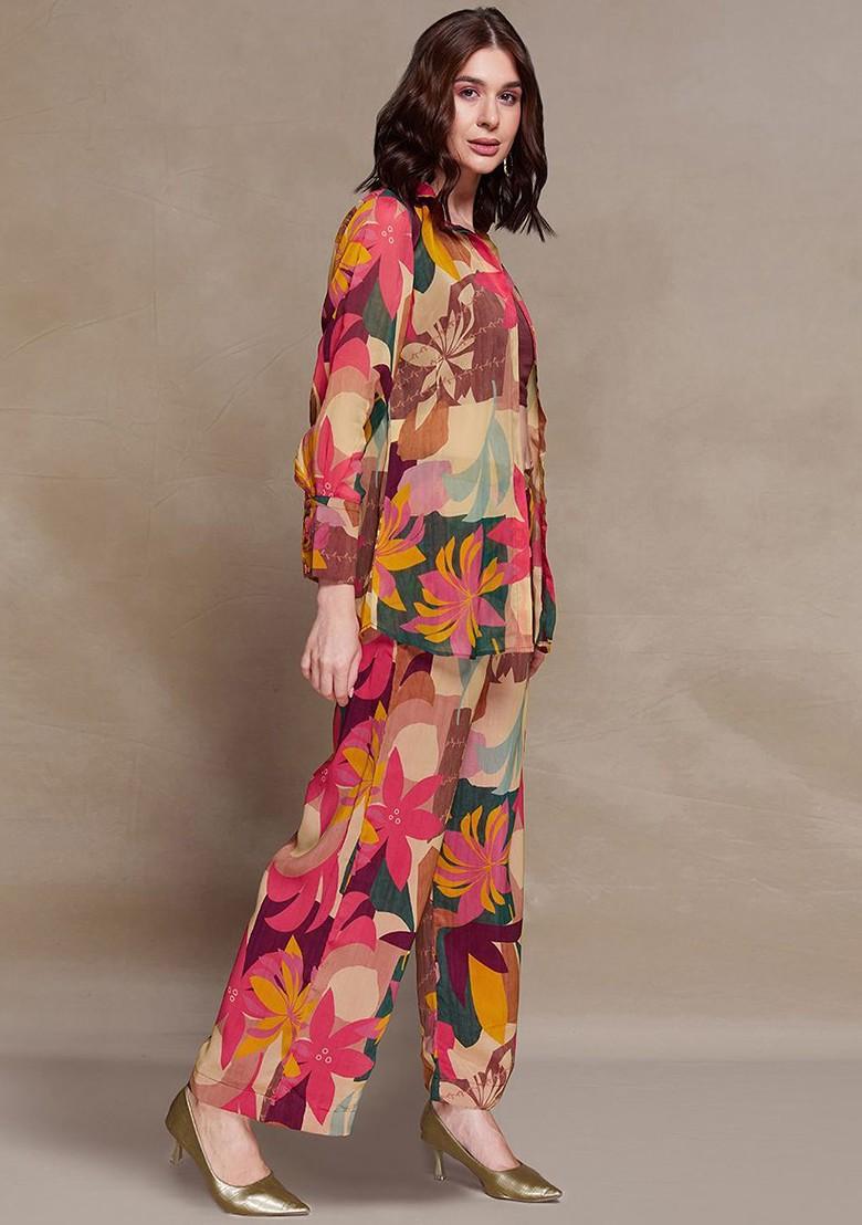 Maroon Printed Poly Blend Co Ord Set