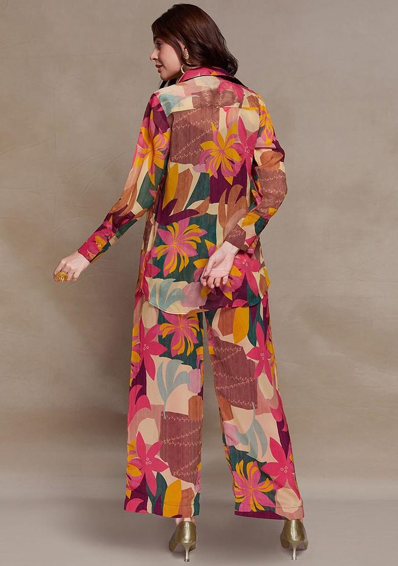 Maroon Printed Poly Blend Co Ord Set