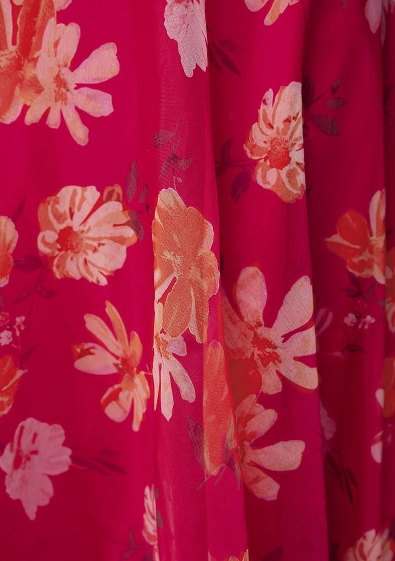 Red Printed Poly Blend Anarkali Set With Dupatta