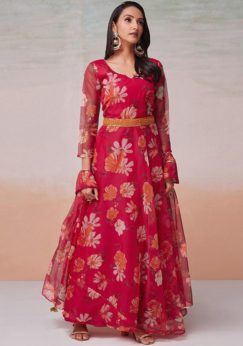 Red Printed Poly Blend Anarkali Set With Dupatta
