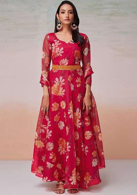 Red Printed Poly Blend Anarkali With Dupatta With Dupatta