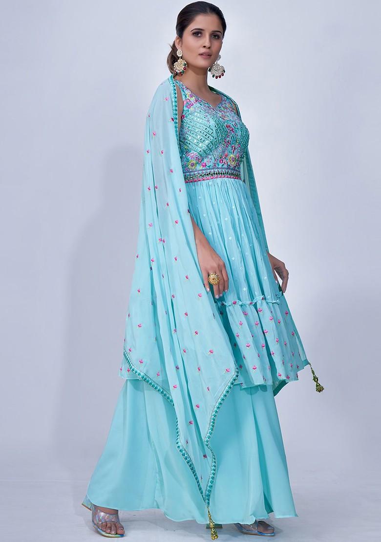 Blue Embroidered Poly Blend Palazzo Set With Dupatta