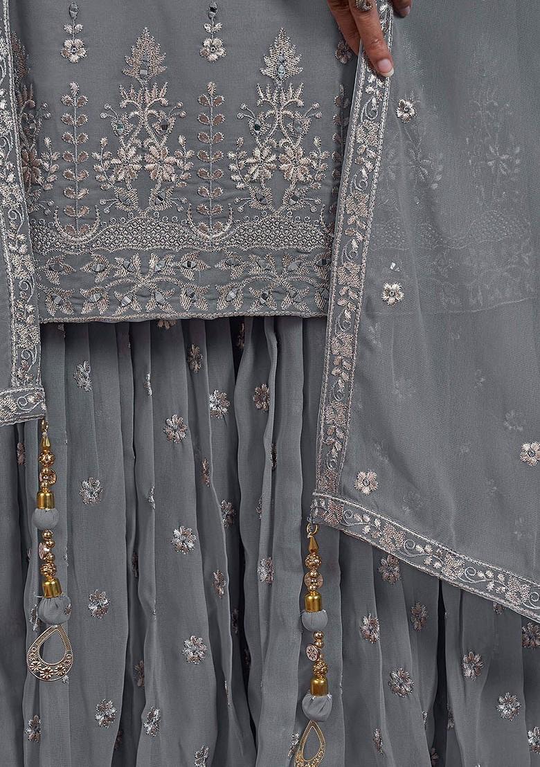 Grey Embroidered Poly Blend Sharara Set With Dupatta