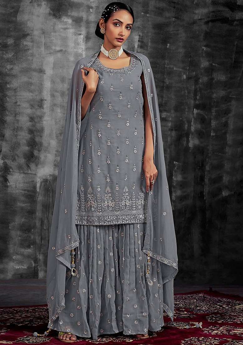 Grey Embroidered Poly Blend Sharara Set With Dupatta - Indya
