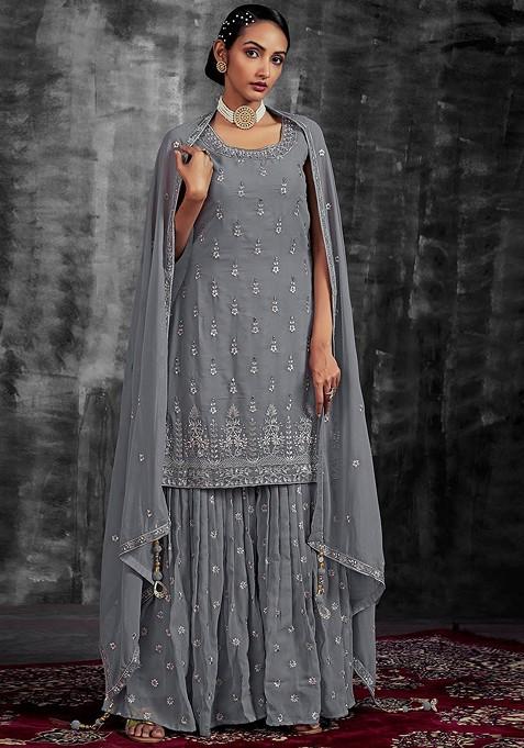 Grey Embroidered Poly Blend Sharara Set With Dupatta