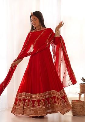 Red Embroidered Poly Blend Anarkali Set With Dupatta
