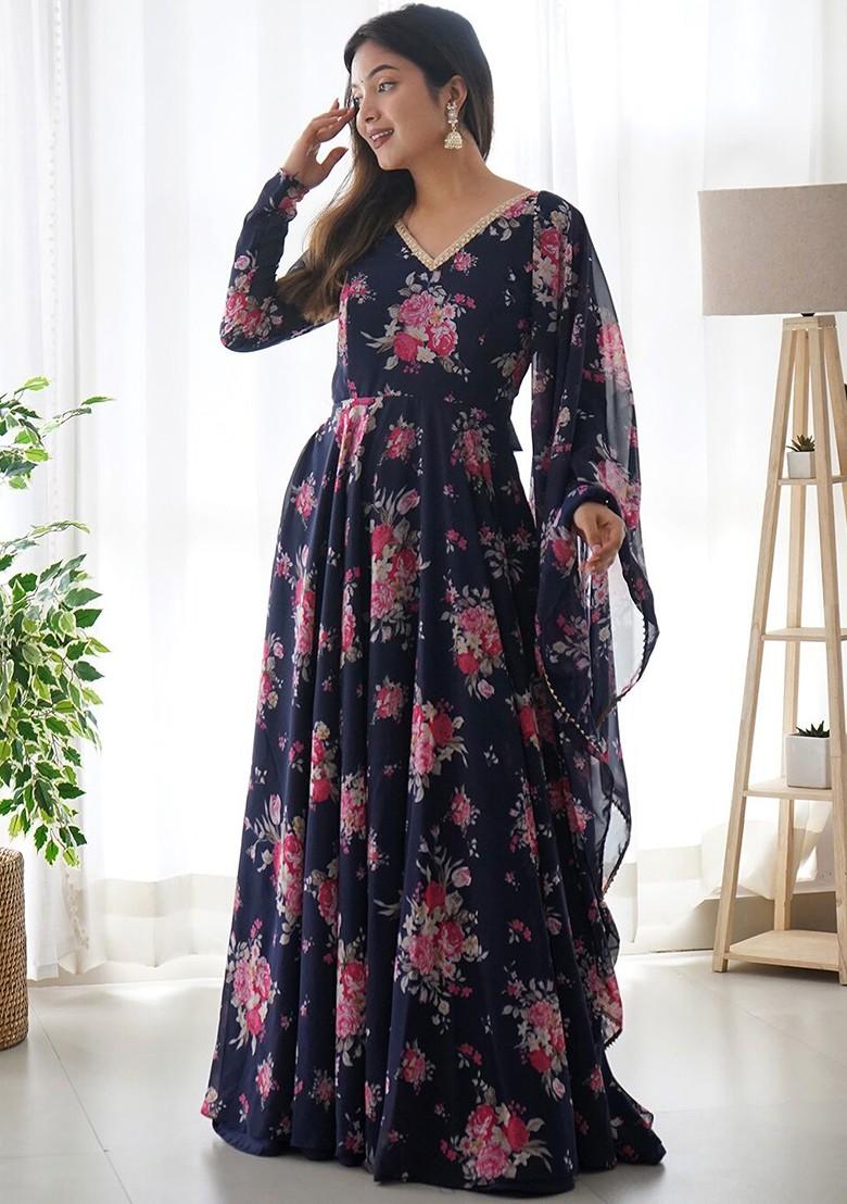 Navy Blue Printed Poly Blend Anarkali Set With Dupatta