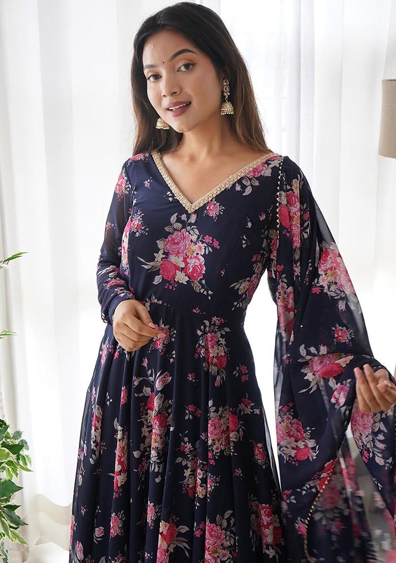 Navy Blue Printed Poly Blend Anarkali Set With Dupatta