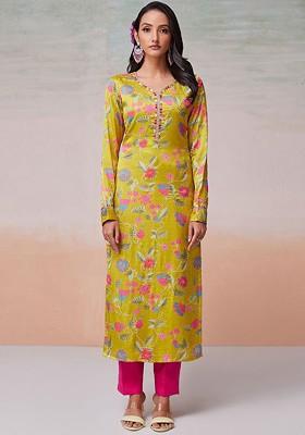 Green Printed Poly Blend Salwar Kameez