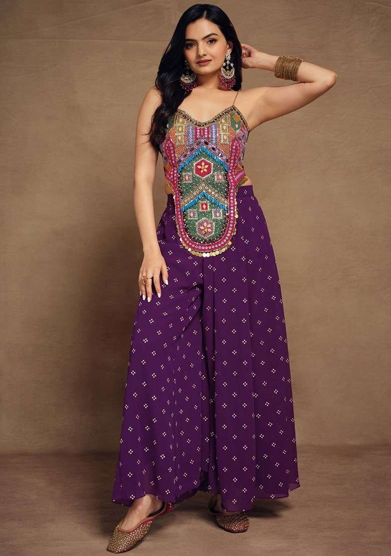 Purple Embroidered Poly Blend Co Ord Set - Indya