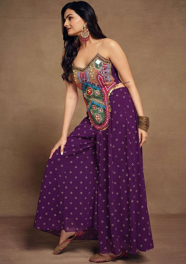 Purple Embroidered Poly Blend Co Ord Set - Indya