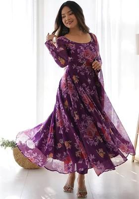Purple Printed Poly Blend Anarkali Set With Dupatta
