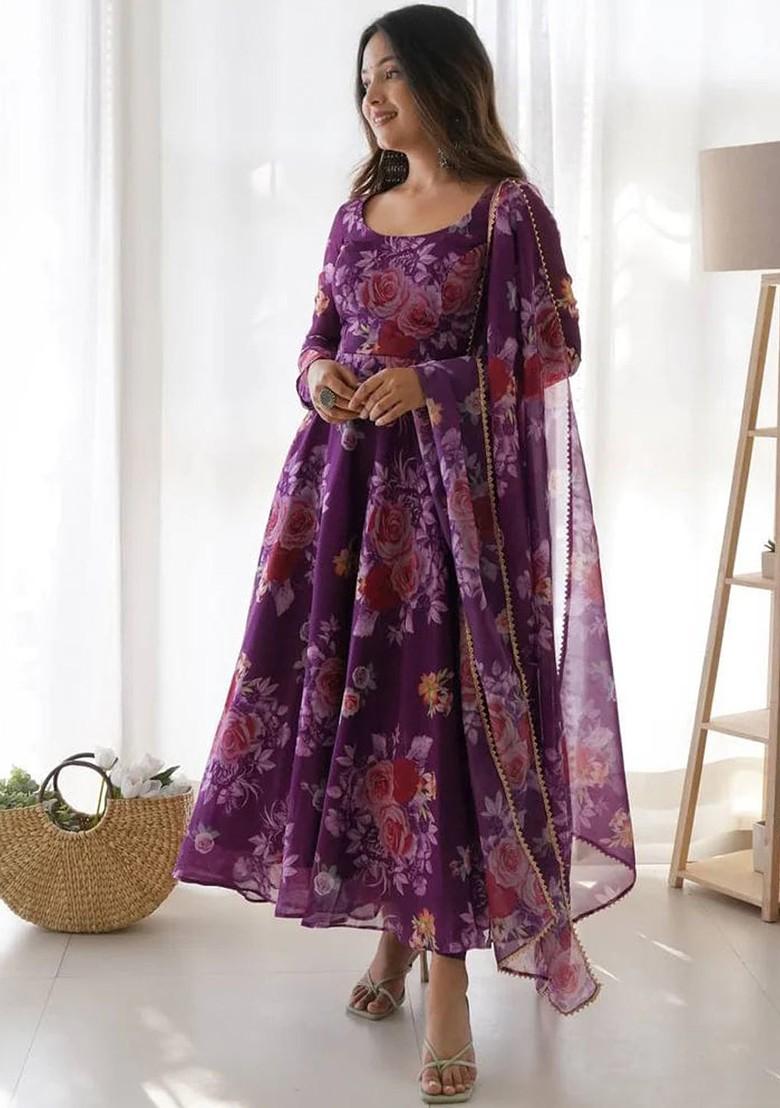 Purple Printed Poly Blend Anarkali Set With Dupatta