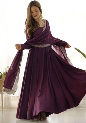 Burgundy Embroidered Poly Blend Anarkali Set With Dupatta